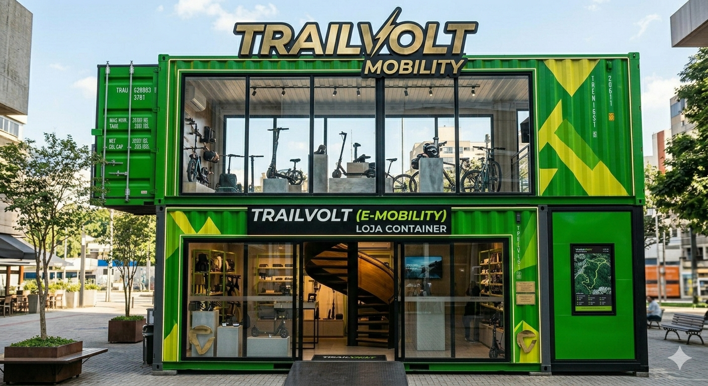 Franquia Container Conceito TrailVolt — showroom de mobilidade elétrica