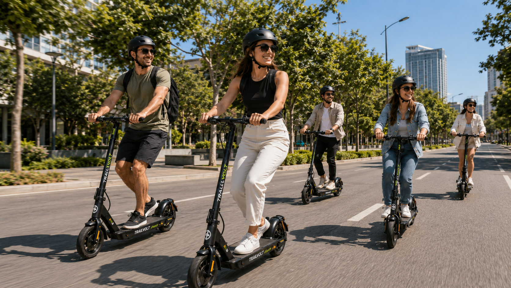 Pessoas percorrendo a cidade com patinetes elétricos TrailVolt